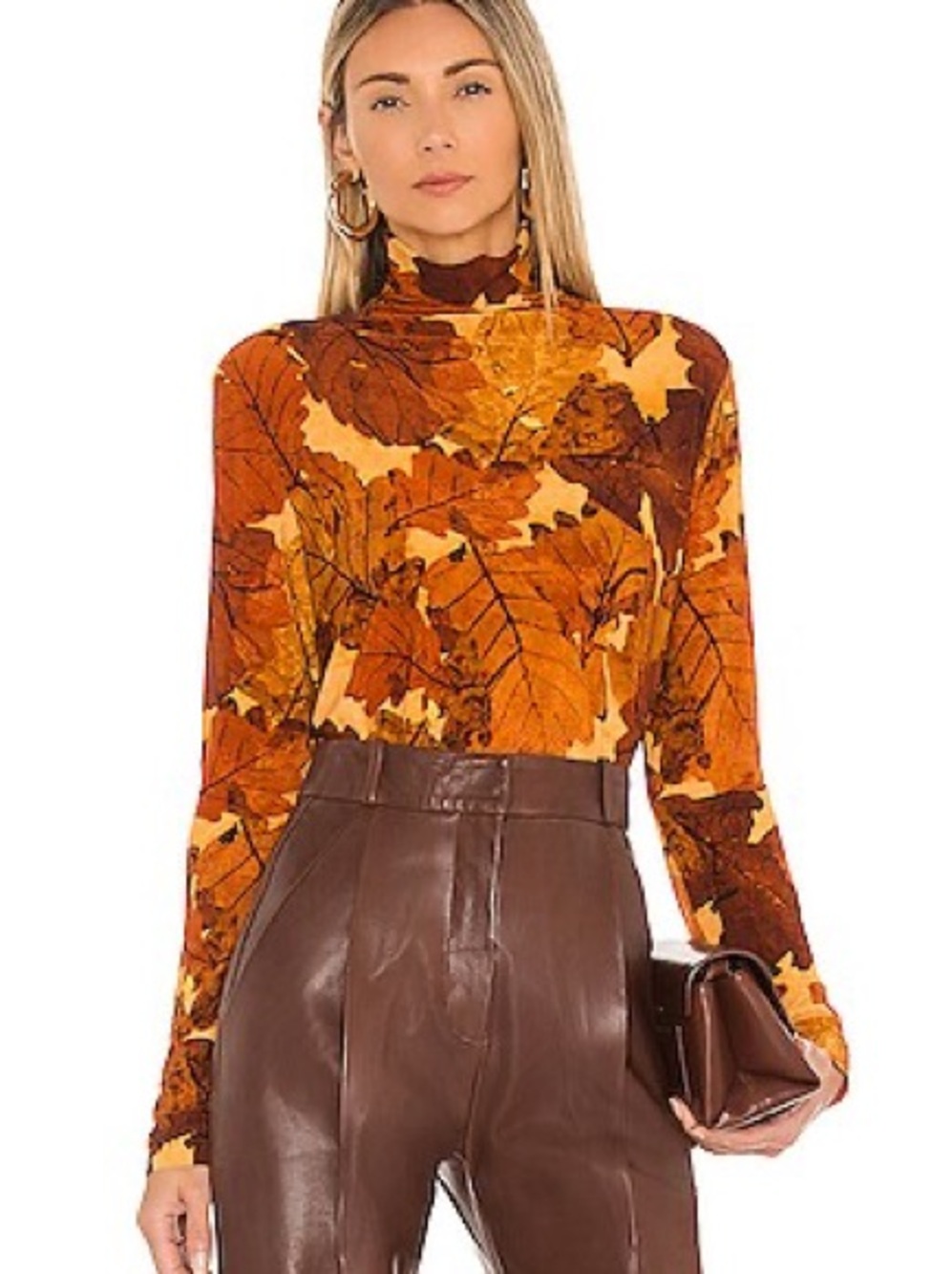 Norma Kamali Autumn Leaf Print Turtleneck Top - Orange & Brown